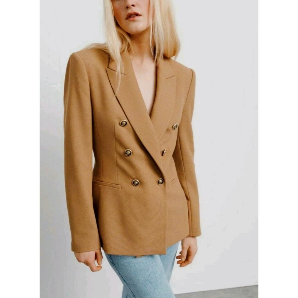 Zara Double Breasted Tailored Blazer Jacket Sz S Camel Tan 2753/225 - Picture 2 of 9